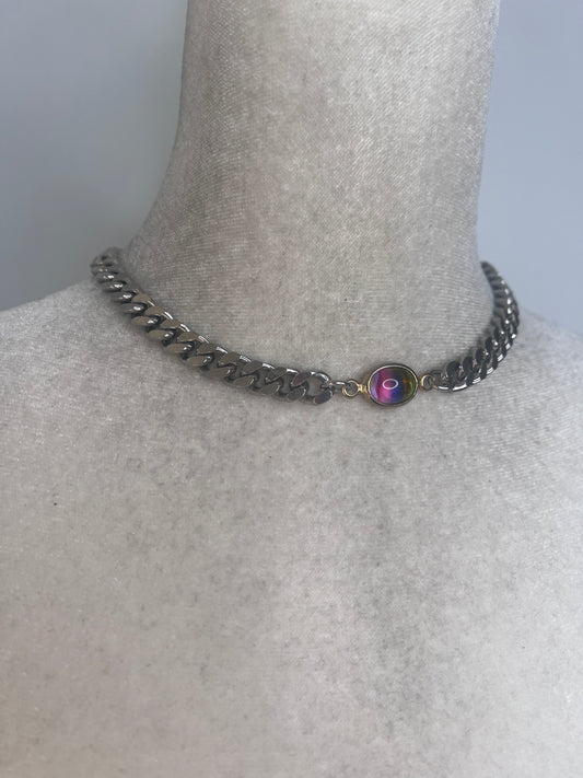 Vintage Rainbow Glass choker- stainless steel, thick chain